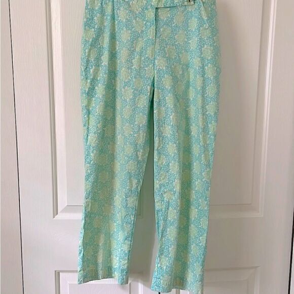 TIBI Green and Blue Floral Pant Zipper Front Side Tie Grommets - Picture 1 of 6